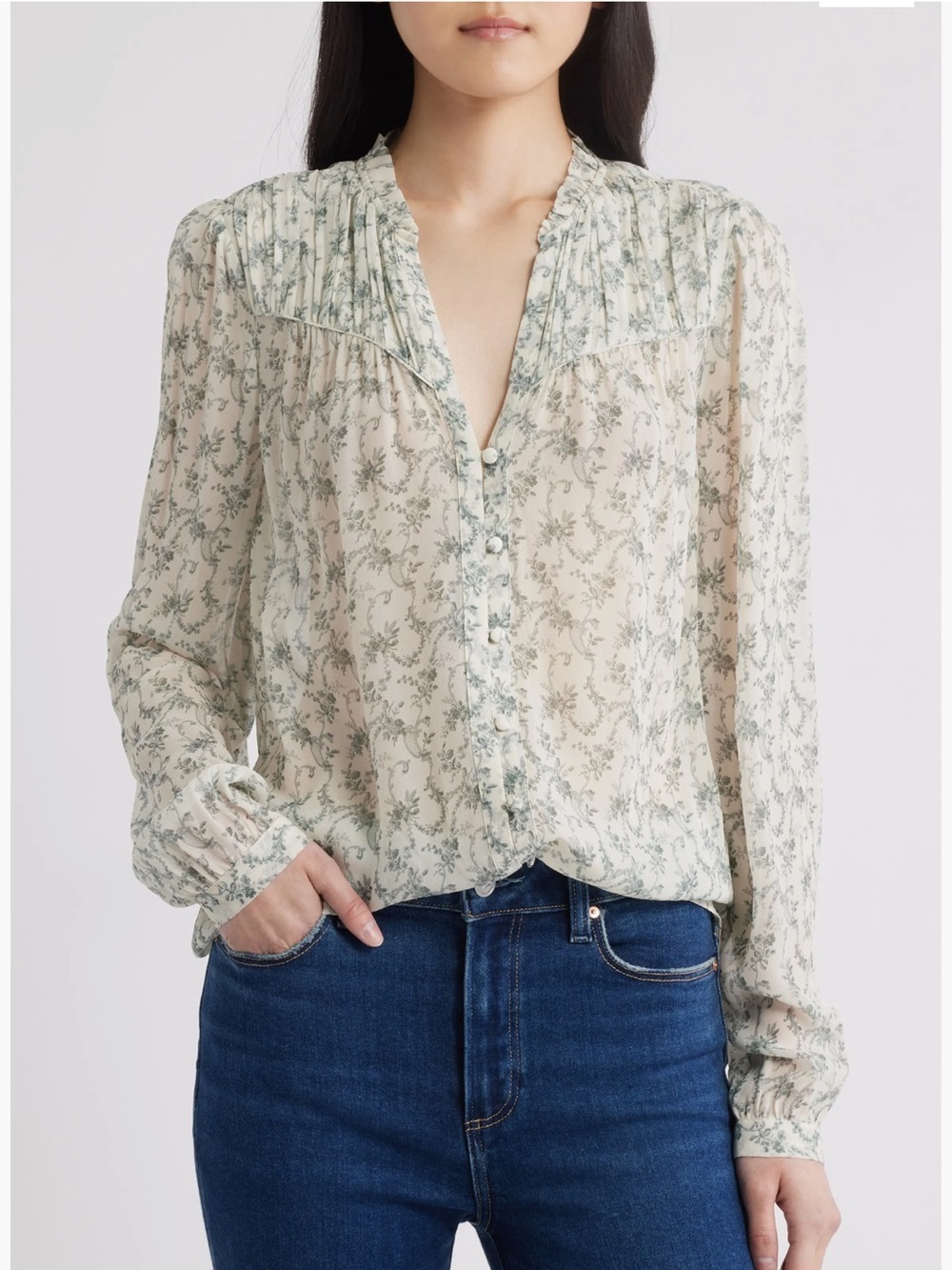 PAIGE Monika Ivory Blouse with Sage/Blue Floral Print